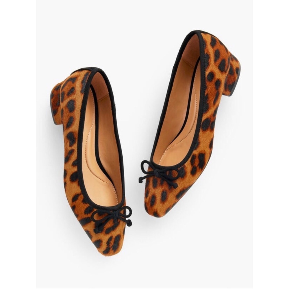Talbots Vanessa Leopard Calf Hair Block Heel Pumps Bow Size 9.5M